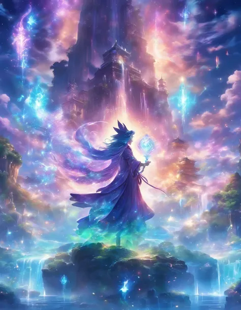 (best quality,4k,8k,highres,masterpiece:1.2),ultra-detailed,(realistic,photorealistic,photo-realistic:1.37),flamboyant colorful mage,wonderful multi colored spells,fantasy environment,magical atmosphere,sparkling lights,spellbinding,mesmerizing glow,ethere...