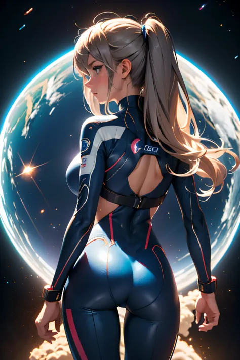 rear view, backside view, turning away, sandy hair, eyes are blue, fit body large breasts slender thighs slender waist pilot suit solo looking away from viewer, in space, long hair, blushing, determination, 8k, extreme detail,