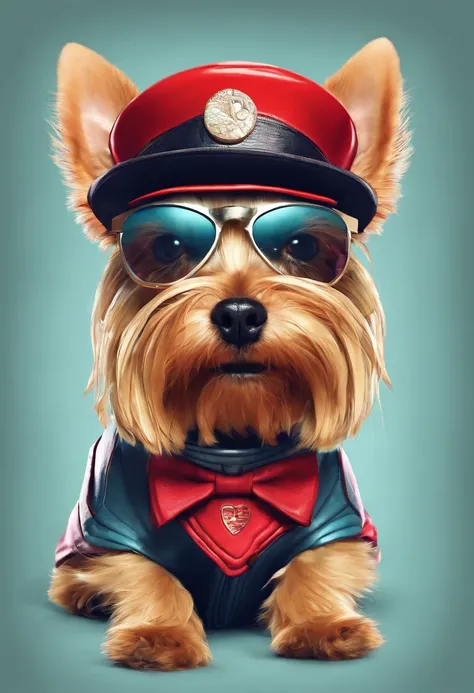 Yorkshire Terrier, . .. .。.。.。.。.3D, 8K, artwork of a, High quality, Wearing a red hat，Wear cool glasses