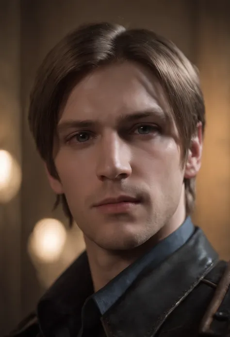 Realistic Leon scott kennedy from resident evil 4 the remake in a fisheye camera lens and bright lighting