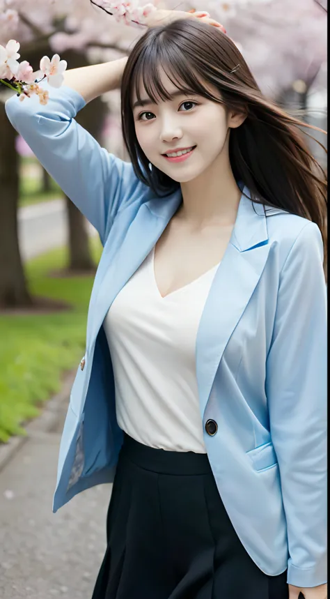 (Close-up portrait of a girl with slender small breasts and long hair with dull bangs in pastel color jacket and shirt:1.5)、(Dancing with a smile、Girl with hair fluttering in the wind :1.5)、(Blue sky and cherry blossoms in full bloom:1.5)、(cleavage of the ...