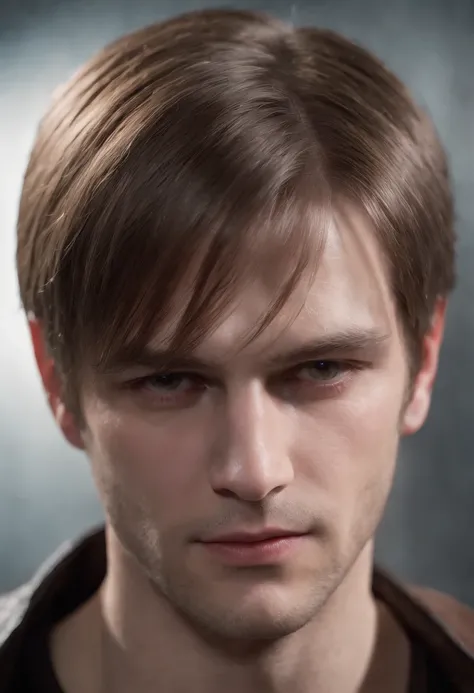 Realistic Leon scott kennedy from resident evil 4 the remake in a fisheye camera lens and bright lighting