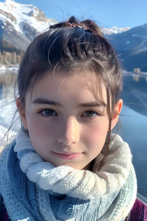 15-year-old girl, close up. Lakeside, snowy mountains..