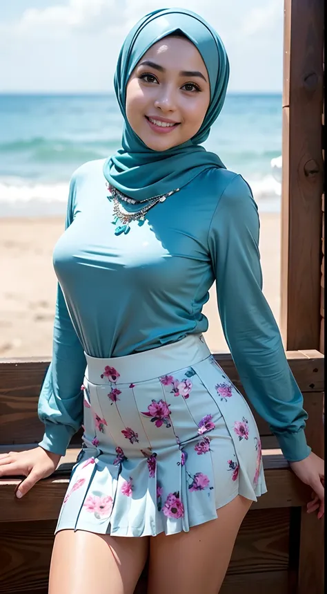 RAW, Best quality, high resolution, Masterpiece: 1.3), Beautiful Malay woman in hijab, Masterpiece, Perfect slim body, Beautiful big eyes, Watery eyes, Soft smile, Wet lips, big breasts, ((wearing a tight mini dress stel floral pattern closed hijab pattern...