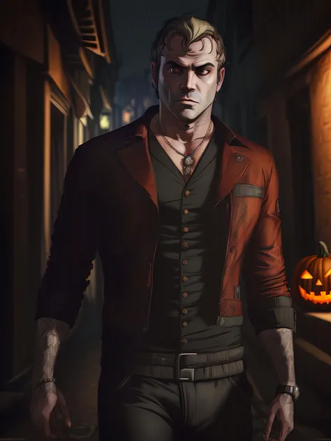 (((Michael De Santa (anteriormente Townley) is one of the three main characters in GTA V))) ((usando fantasia de halloween)), ambiente escuro sombrio de terror, ESTILO DE HALLOWEEN, Halloween themed background, Autoretrato do rosto, (fotorrealista:1.5), (F...