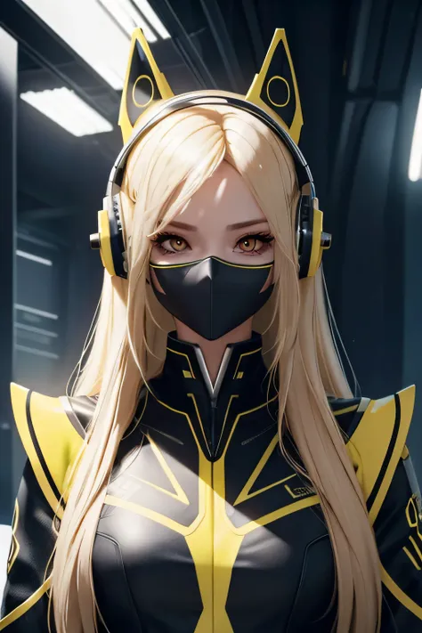 girl with long yellow hair, yellow eyes, futuristic vibes, mask on mouth, headphones, 8k, high quality, simple background, glowi...