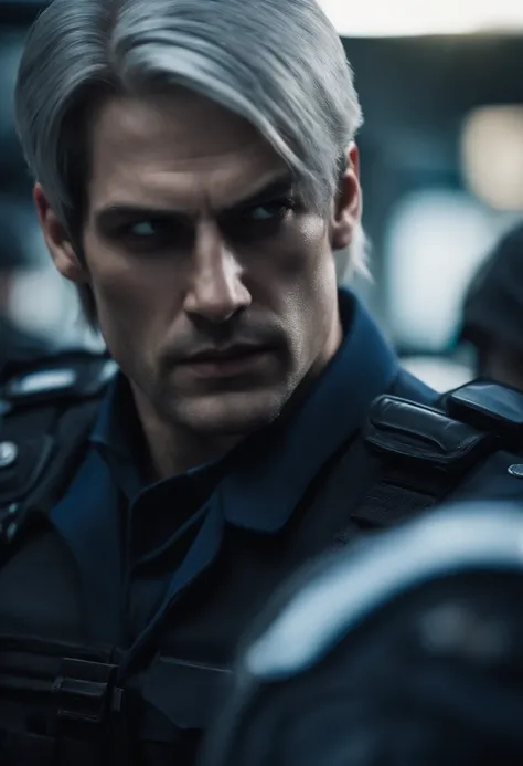 (sharp-jawline,male character,leon kennedy,resident evil,blue eyes,silver hair,police uniform,serious expression, looking away from camera,fisheye lense)