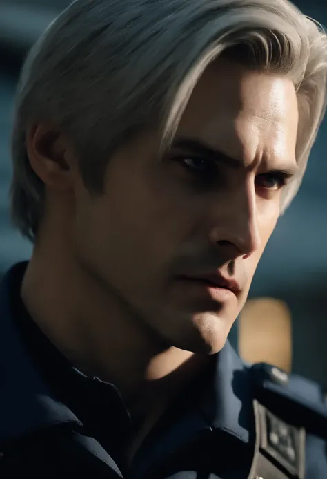 (sharp-jawline,male character,leon kennedy,resident evil,blue eyes,silver hair,police uniform,serious expression, looking away from camera,fisheye lense)