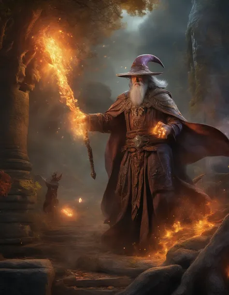 best quality,ultra-detailed,male mage casting multi colored spells,fighting monsters,weilding a magical powerful weapon,realistic lighting,sharp focus,vivid colors,mystical atmosphere,gritty fantasy style,fiery spells,ethereal glow,magical aura,detailed sp...