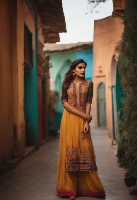 Pakistani modern girl wearing informal dress standing in front of a building