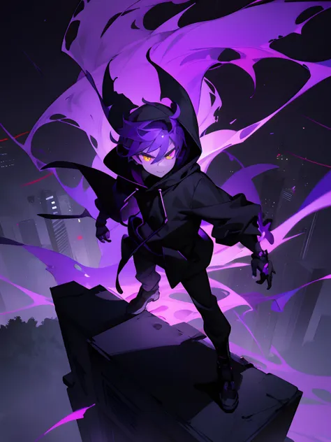 Boy with a purple glowing eyes wearing a black hoodie. Standing on top of a building at night. Black purple theme