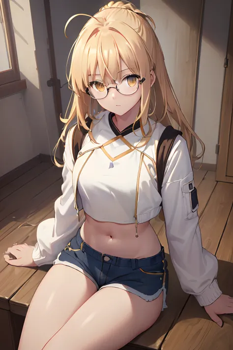 (8k, highres, ultra detailed, (masterpiece:1.6), 1girl , ahoge , blonde hair , crop top , glasses , medium breasts , midriff , navel , short shorts , sitting , sleeves past wrists , white jacket , yellow eyes