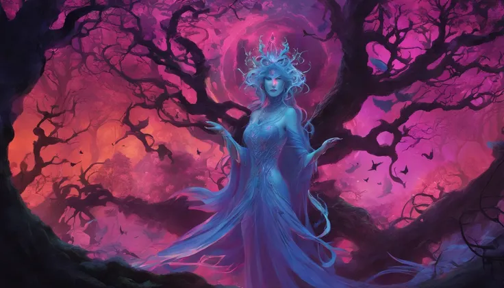 (a blue-haired demon woman,spells:1.1,glowing:1.1)(illustration)(best quality,ultra-detailed,realistic:1.37),demonic witch(demonic:1.1)(magic:1.1)(forest)(dark and mysterious,ominous atmosphere),casting powerful spells,creating magical energy(magic:1.1),vi...