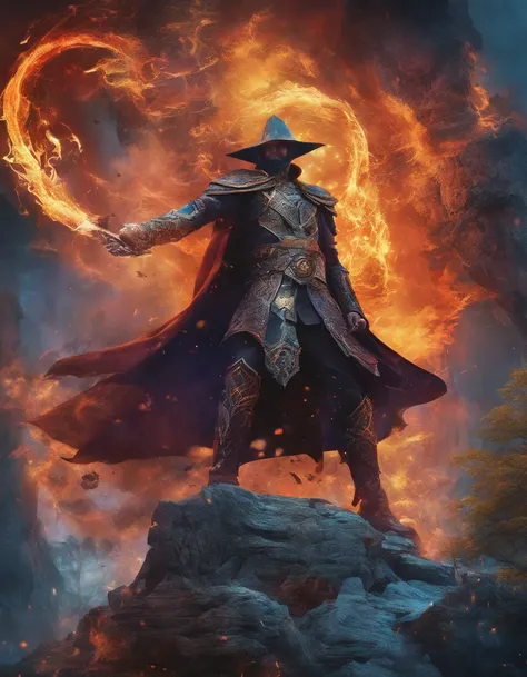 best quality,ultra-detailed,male mage casting multi colored spells,fighting monsters,weilding a magical powerful weapon,realistic lighting,sharp focus,vivid colors,mystical atmosphere,gritty fantasy style,fiery spells,ethereal glow,magical aura,detailed sp...