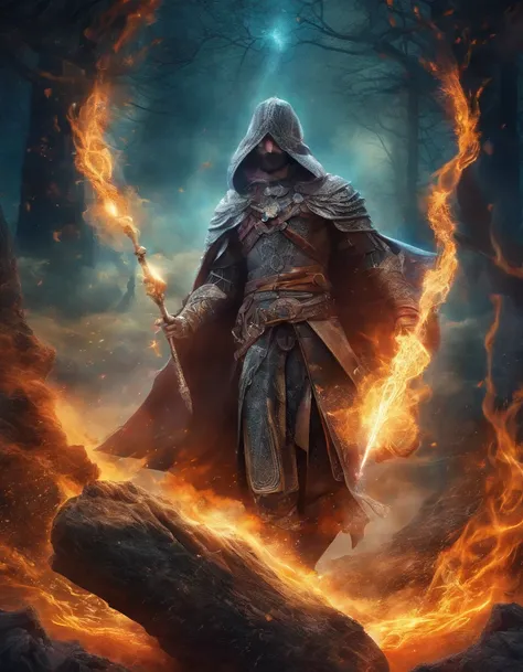 best quality,ultra-detailed,male mage casting multi colored spells,fighting monsters,weilding a magical powerful weapon,realistic lighting,sharp focus,vivid colors,mystical atmosphere,gritty fantasy style,fiery spells,ethereal glow,magical aura,detailed sp...