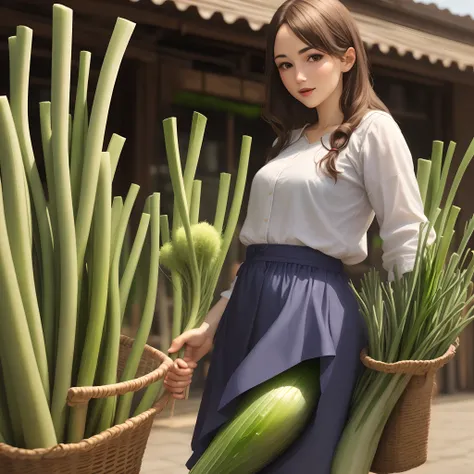 Woman holding a leek behind Avec