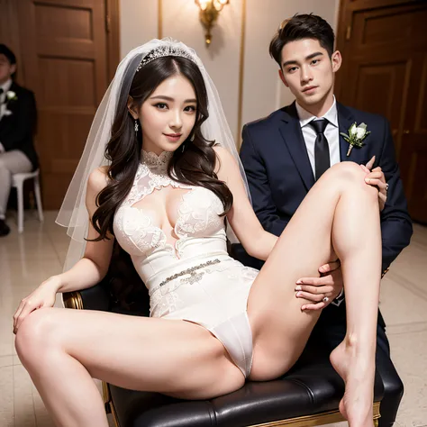 (1 female)、(one male individual:1.1)、(Super beautiful)、(beauitful face:1.5)、(A detailed face:1.4)、(The bridegroom spreads the brides legs:1.3)、(White panties are visible)、(The groom touches the brides crotch)、(Bride sitting on a chair at the reception)、(Sh...