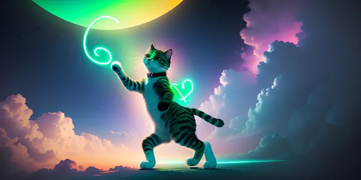 Green neon cat dancing on a cloud