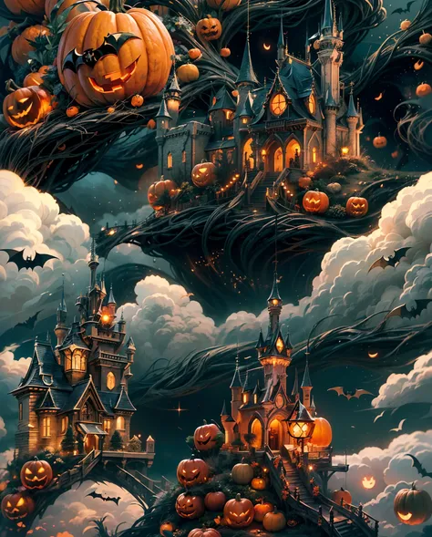 (((Masterpiece))), (((Best quality))), ((intricately details)), ((Hyperrealistic)), (Swirling clouds and colorful flowers), (Halloween Fantasy Witchs Castle Kingdom，halloween night，The mysterious aura of ghosts，red - eyed，Meniscus，Red Moon，borgar，pumpkins，...