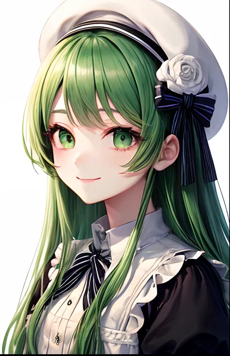 girl with、No background、without background、Background through、Green hair、Green hair、The long-haired、Long、Subject bangs、Aligned bangs、Sareme、drooping eyebrows、Green eyes、Green eyes、White uniform、White Lolita Fashion、Onepiece、beret、White beret、Striped ribbon...