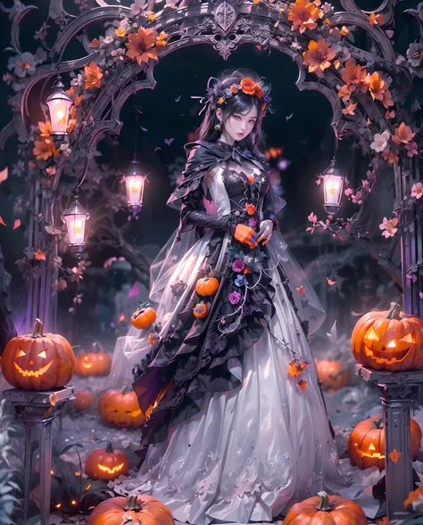 (((Masterpiece))), (((Best quality))), ((intricately details)), ((Hyperrealistic)), (Swirling clouds and colorful flowers), (Girl robot getting married on Halloween,Mechanical limb,Mechanical torso,Made of shiny white and silver translucent glass and plast...