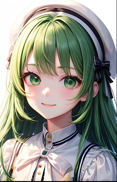 girl with、No background、without background、Background through、Green hair、Green hair、Twin-tailed、Two knots、Subject bangs、Aligned bangs、Sareme、drooping eyebrows、Green eyes、Green eyes、White uniform、White Lolita Fashion、Onepiece、beret、White beret、Striped ribbo...