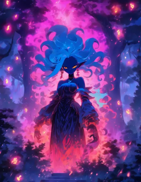 (a blue-haired demon woman,spells:1.1,glowing:1.1)(illustration)(best quality,ultra-detailed,realistic:1.37),demonic witch(demonic:1.1)(magic:1.1)(forest)(dark and mysterious,ominous atmosphere),casting powerful spells,creating magical energy(magic:1.1),vi...