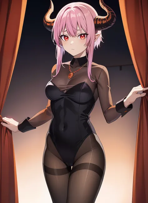 bedroom, red jewel necklace,  medium breasts, light purple hair,  dragon girl,   short hair with long locks, dragon horns, dark aura, evening,  expressionless, black sclera, (((orange eyes))), standing, curtain grab, pantyhose, leotard, impossible leotard,...