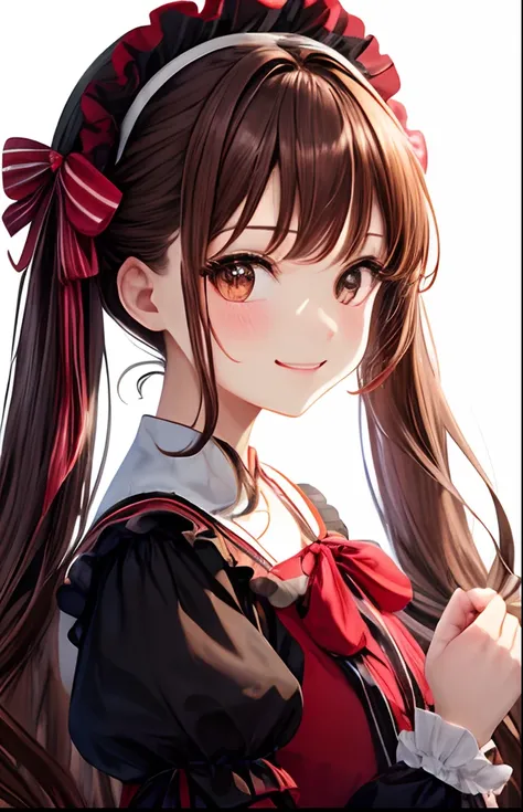 girl with、No background、without background、Background through、brown haired、Red-brown hair、The long-haired、Subject bangs、Aligned bangs、Sareme、Red-brown eyes、Red uniform、red lolita fashion、Onepiece、Striped ribbon、frilld、bow ribbon、A smile、Twin-tailed、Two kno...