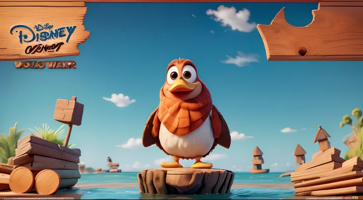 disney Pixar poster, a duck standing on a pile of wooden debris floating in the sea smiling, give the picture a poster name Wilson , Best quality, ((Disney Pixar Poster)), add a title entitled Wilson