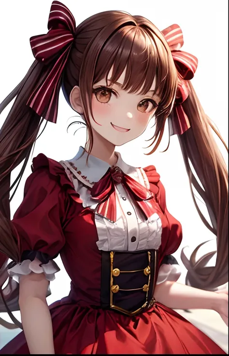 girl with、No background、without background、Background through、brown haired、Red-brown hair、The long-haired、Subject bangs、Aligned bangs、Sareme、Red-brown eyes、Red uniform、red lolita fashion、Onepiece、Striped ribbon、frilld、bow ribbon、A smile、Twin-tailed、Two kno...