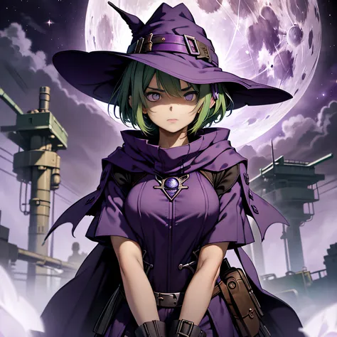 top-quality、extremely delicate and beautiful、(A teenage girl)、Purple Eye、Green hair、short-haired、(purple witch hat)、Purple tie、Tactical Vest、Soio、shortsleeves、Purple skirt、Purple Wizard Robe、Navel、is standing、Facing the front、Expression of hatred、Full moon...