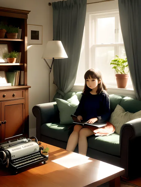 living room, couch, window, curtains, dappled sunlight, potted plant, table, cabinet,bookshelf, paper, desk lamp, typewriter, girl sitting on sofa