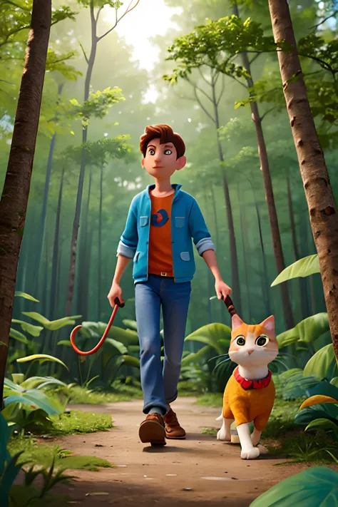 Disney Pixar poster. An adventurous young man is walking Towards the camera with his cat through a dark forest full of unique plants, The atmosphere in the forest is dark and lit by plants, Wearing blue and red clothes, the cat is orange with unique clothe...