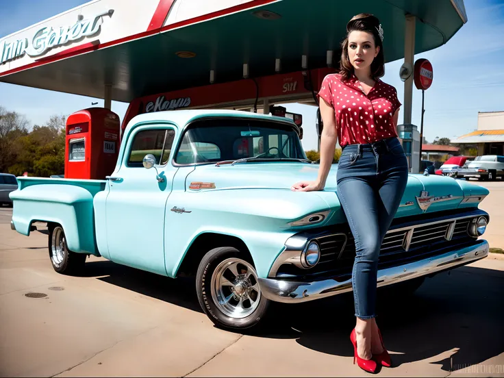 ultra realistic photo of angela white ((01 character)) (25 years old) ((full body)) ((full shot)) | rockabilly outfit (jeans wit...