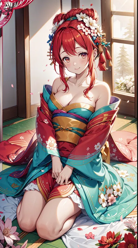 solo person，the night，inside in room，is shy，having fun，teens girl，Enchanted，Petal edges，Light colors，gentleness，extremely detailed CG  8k wallpaper，best qualtiy，tmasterpiece，A high resolution，（japanses clothes：1.2），（blossoms：1.2）,独奏， Oiran，