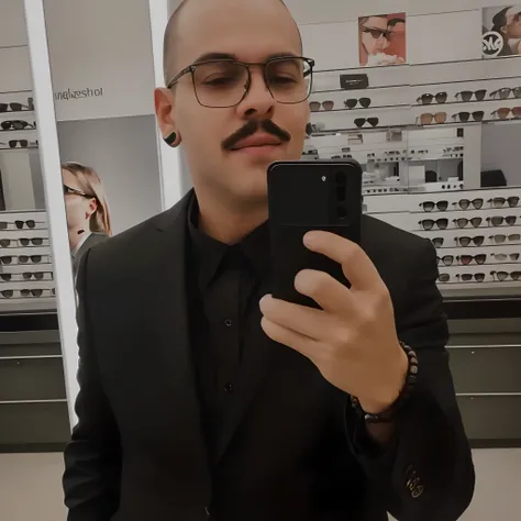 Homem de terno tirando uma selfie em uma loja, inspired by Antônio Parreiras, wearing a suit and glasses, in suit with black glasses, Bigode mexicano, inspired by Tomàs Barceló, inspired by Oscar Rodríguez Naranjo, Estilo Zigor Samaniego, com bigode, victo...