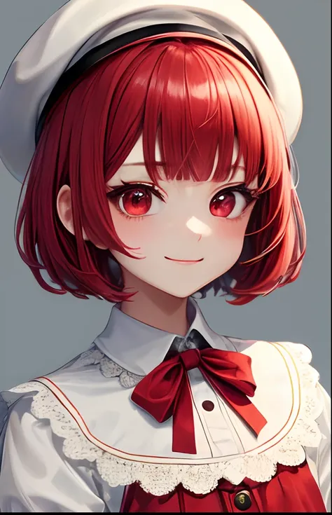 girl with、No background、without background、Background through、Red-haired、Red hair、short-cut、bob cuts、Subject bangs、Aligned bangs、Sareme、drooping eyebrows、Red eyes、Red eyes、White uniform、White Lolita Fashion、Onepiece、beret、White beret、Striped ribbon、A smile...