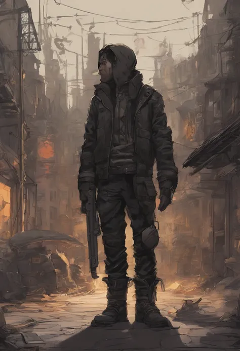 pintura (((um menino negro))), (cabelo desgrenhado), ((in heavy pants and leather jacket)), (botas de viagem bege), (Na rua), (cores vivas),  (Dentro do bar), post-apocalyptic city, (Estilo Pixar)++, Jean-Baptiste Monge, --Air 2:3 --testp;