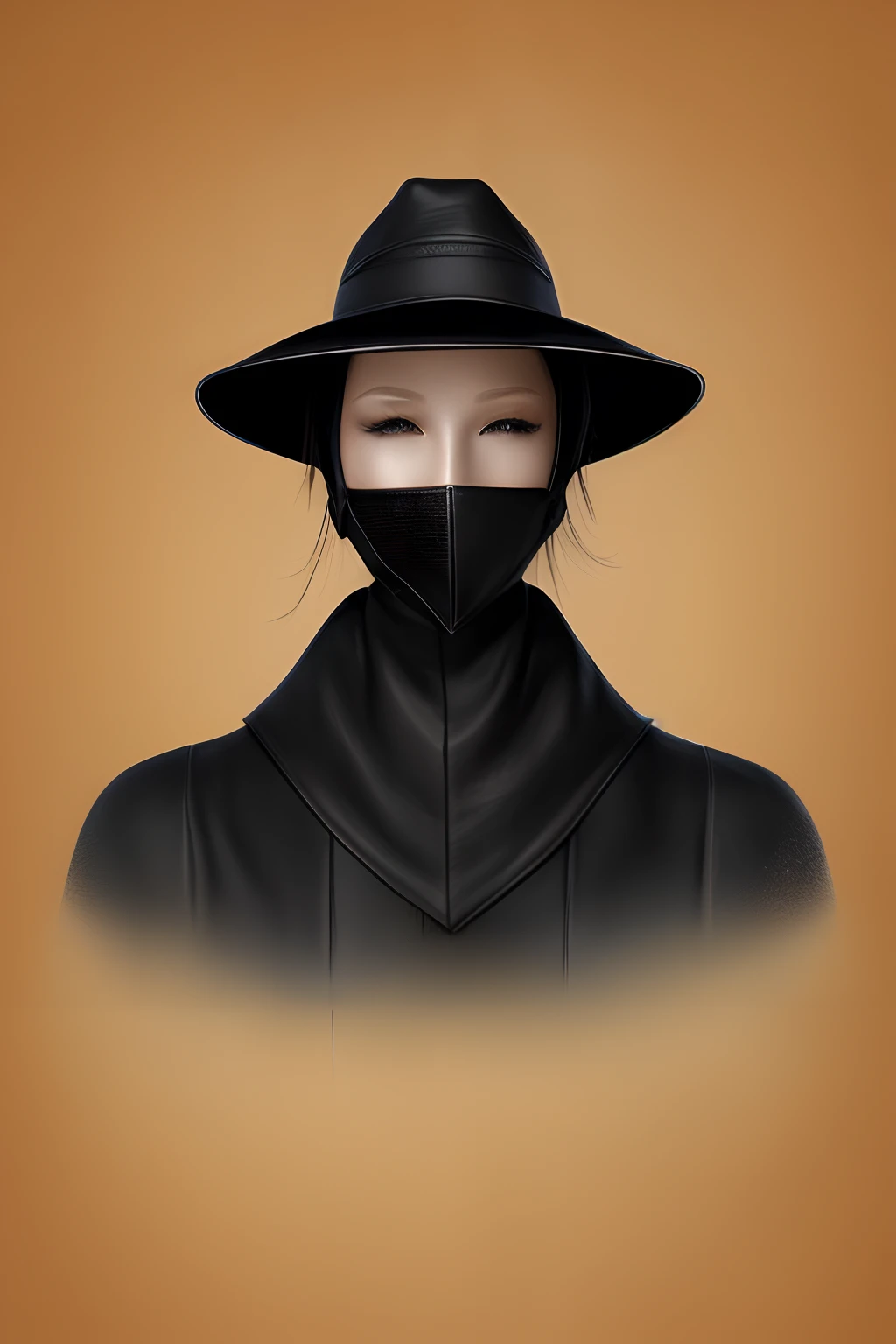 A black hat, a thick black veil hanging from the bottom of the rim to the neck, the face is covered with eyes and mouth and can hardly be seen, and beyond that is a silhouette, a black suit, black leather gloves and black leather long boots, a woman with l...