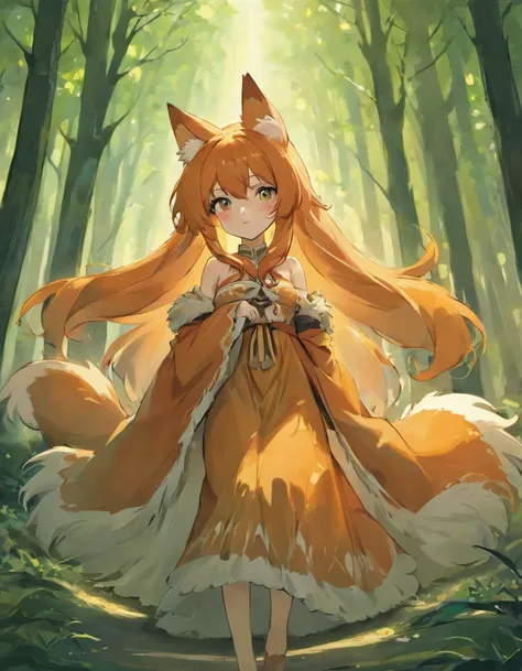 Long orange hair, man, fox ears, tail, feminine man, robes, forest, 8k, masterpiece, best quality, excellent detail) , (high saturation, best shadows, best light, extremely delicate bleaching) anime style