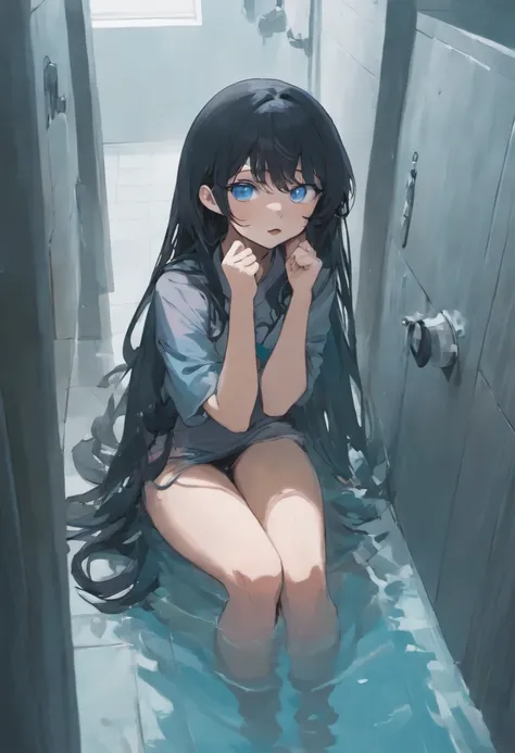 long black wavy hair, blue eyes, kneeling, crouched figure with towel covering, surprised, cluttered and messy bathroom, concrete walls, shower,