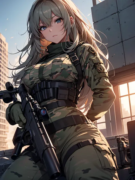 an elite sniper aiming at her victim, on top of a building, lying down (((using a long-range rifle))), laser sight, camouflage c...