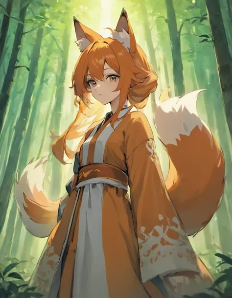 Long orange hair, man, fox ears, tail, beautiful man, robes, forest, male, fox tail, masculine, adult man, 8k, masterpiece, best quality, excellent detail) , (high saturation, best shadows, best light, extremely delicate bleaching) anime style