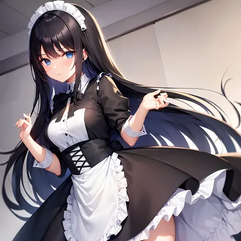 A beauriful girl with long jet black hair with blue eyes. She wears a maid clothes