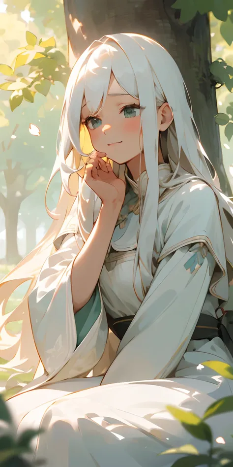 (best quality,4k,8k,highres,masterpiece:1.2),girl with long white hair,sitting in a field of green plants and flowers,warm lighting,hand resting under her chin,wearing a white dress,blurry foreground,beautiful detailed eyes,hair gently blowing in the wind,...