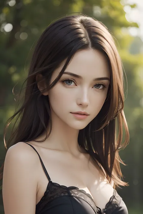 (masutepiece, Best Quality, Photorealistic, hight resolution, Photography, :1.3), Very close-up shot, Sharp Focus, 1 brunette girl, European Girl, hotmodel, Midriff, Highly detailed eyes and pupils, Realistic skin, Slim body shape, cleavage, very detail ha...