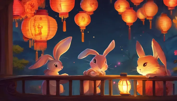 A festival of lights on the night of the full moon in China. Children light candles on the handrails of the balcony. Children are happily playing with paper lanterns in the shape of rabbits made of oiled paper. peaceful night.