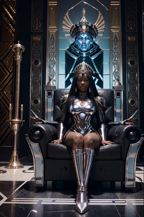 Wide angle shot of african futuristic palace with red african designs on it, African king and African queen sitting on the throne, metallic chrome bodyguard androids holding futuristic spears, standing next to the king and queen, futuristic drones floating...