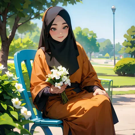 hijab, holding flowers, outdoor, sitting in a park chair